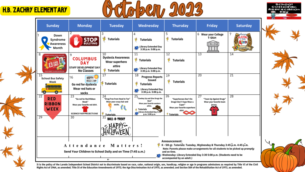 🎃H. B. Zachry Campus Calendar 🎃 | Henry B. Zachry Elementary School