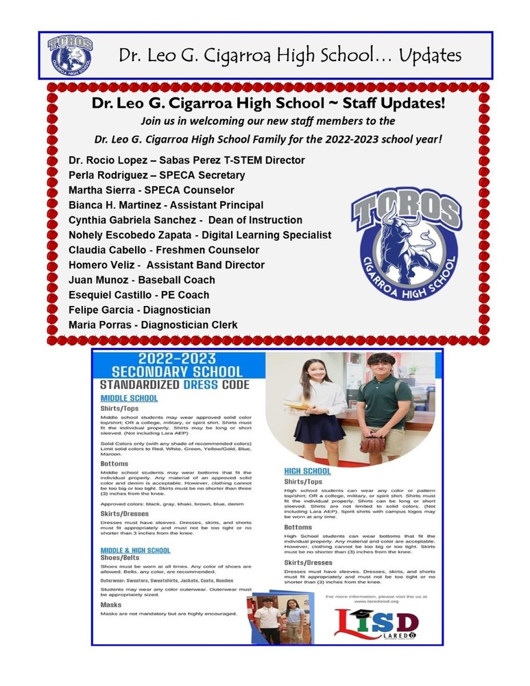 Cigarroa High School..... Staff Updates