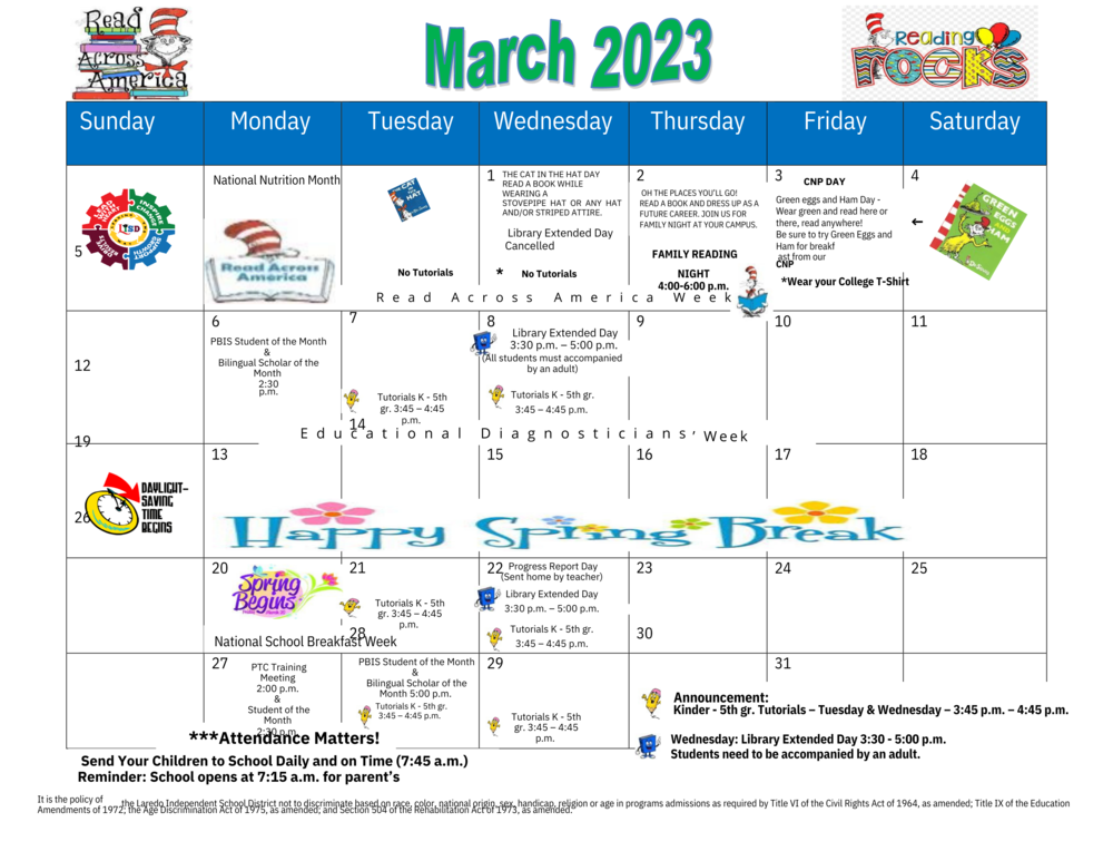 March Calendar 🍀 | Henry B. Zachry Elementary School