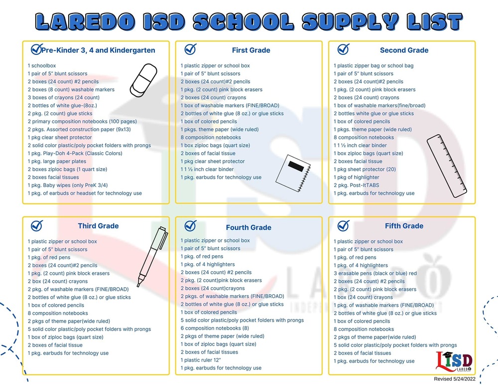 Laredo ISD School Supply List Katherine F Tarver Elementary School
