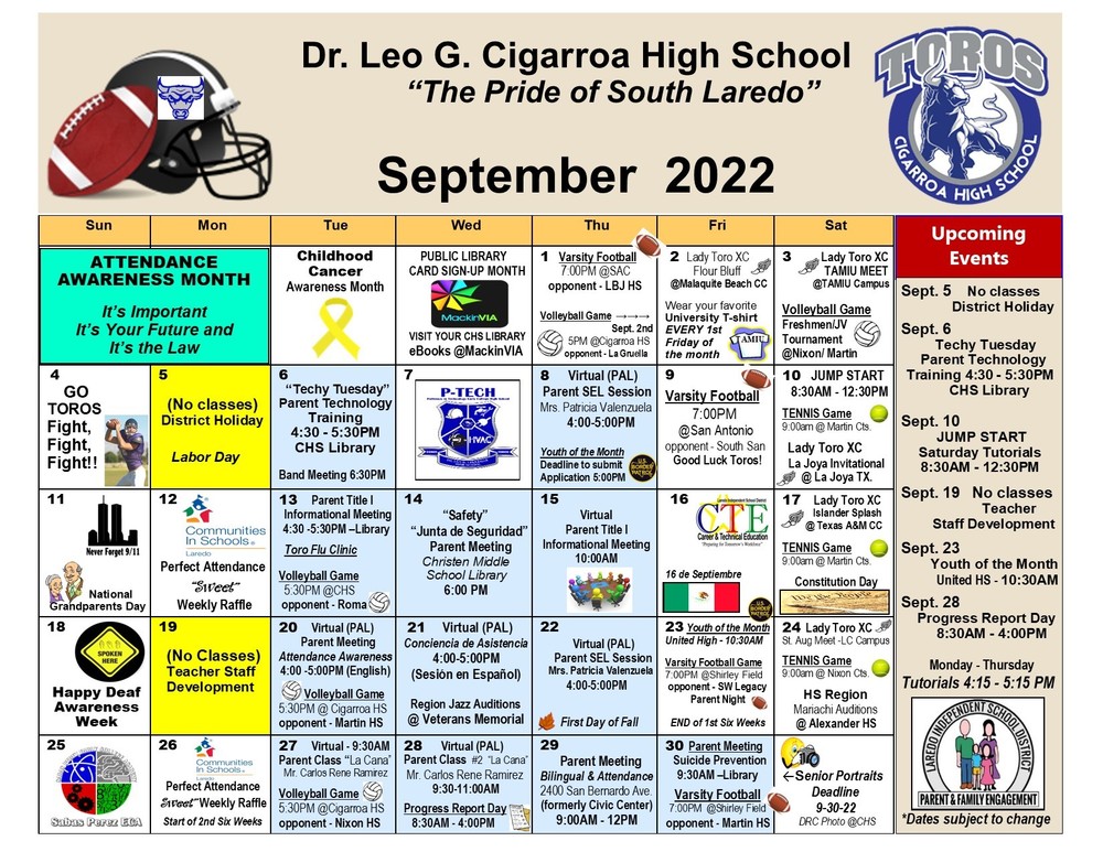 Cigarroa High School - September 2022 Event Calendar