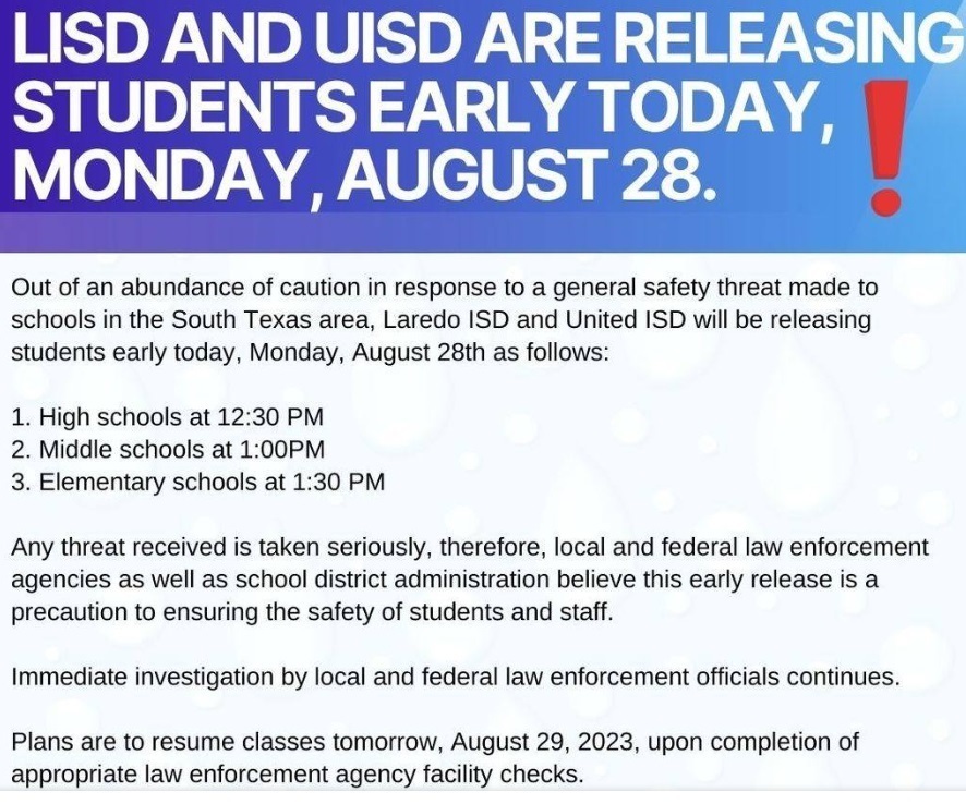 LISD EARLY RELEASE TODAY Monday August 28 2023 Michael S Ryan lisd-early-release-today-monday-august-28-2023-michael-s-ryan