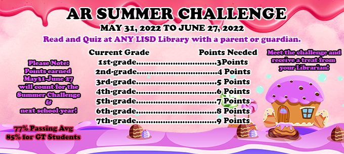 AR Summer Challenge  May 31, 2022 to June 27, 2022. Read and Quiz at ANY LISD library with a parent or guardian.