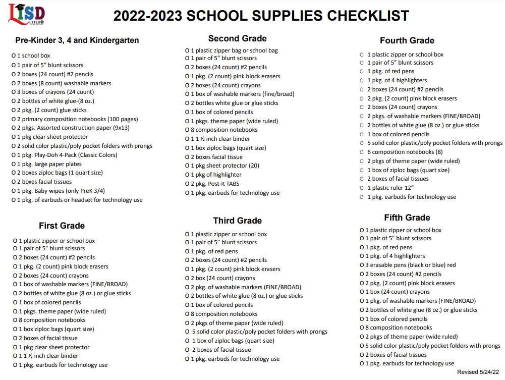 2022-2023 school supply list