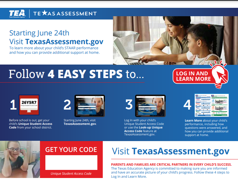 Texas Assessment log in information in English and Spanish for STAAR results.