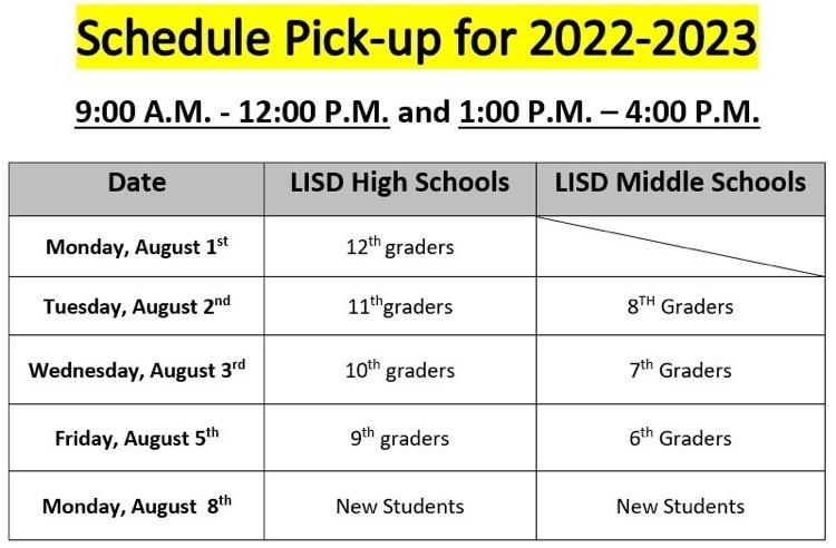 LISD SCHEDULE PICK UP