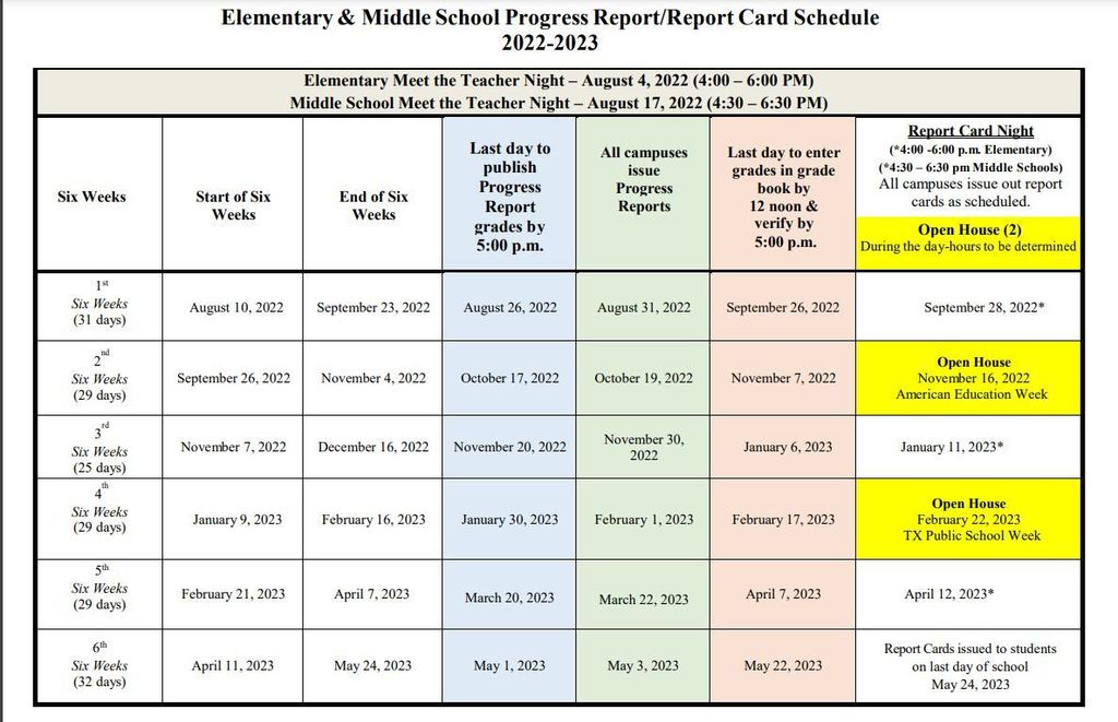 Report card schedule