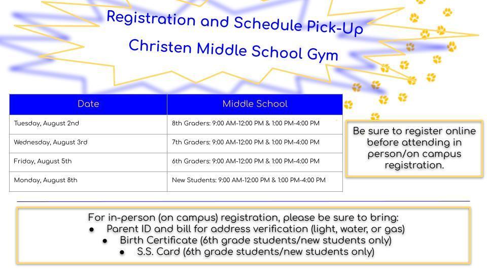 Middle Schools Registration and Schedule Pickup Information **Bring Immunization Records**