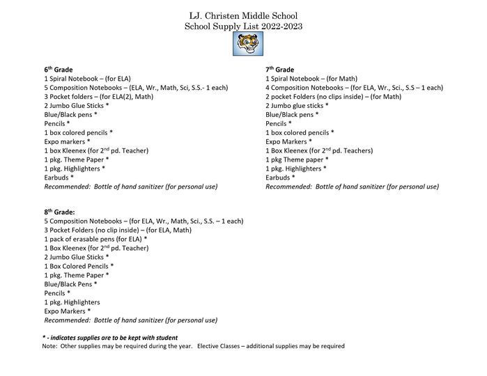 School Supply List by Grade Level