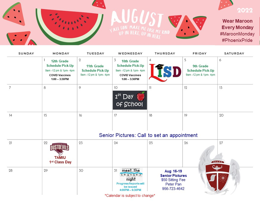 August School Calendar
