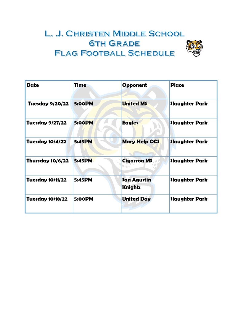 6th Grade Flag Football Schedule