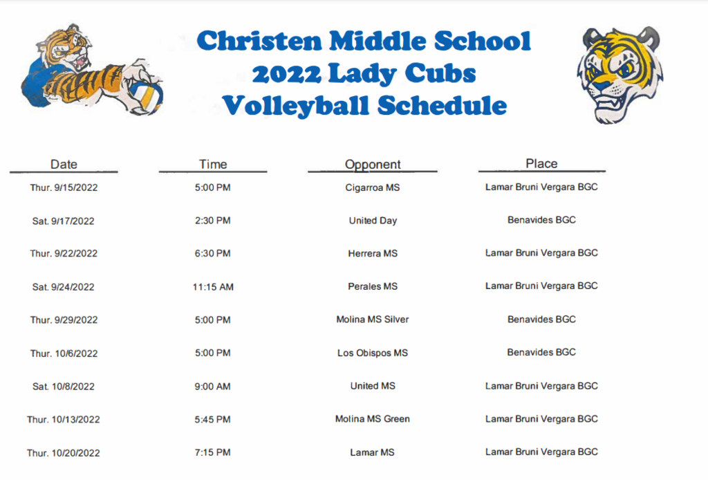 Christen Middle School Lady Cubs Volleyball Schedule