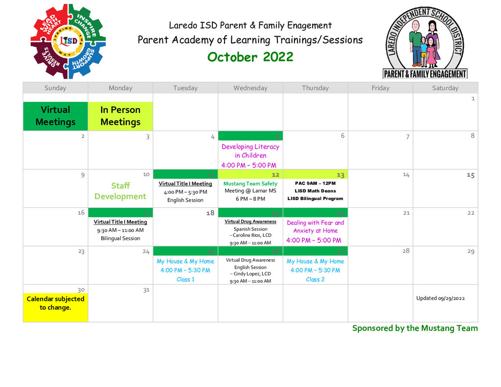 October Parent  Trainings Calendar