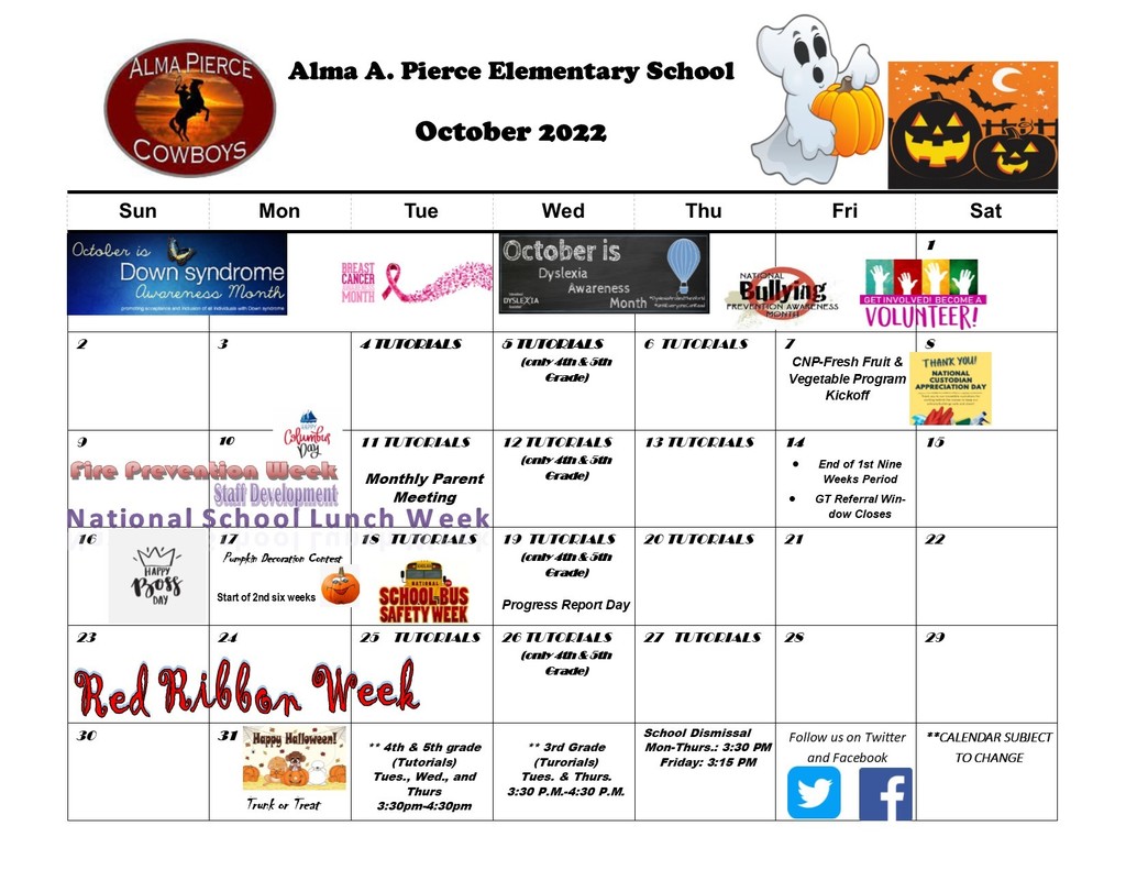 Alma Pierde Elementary October Calendar