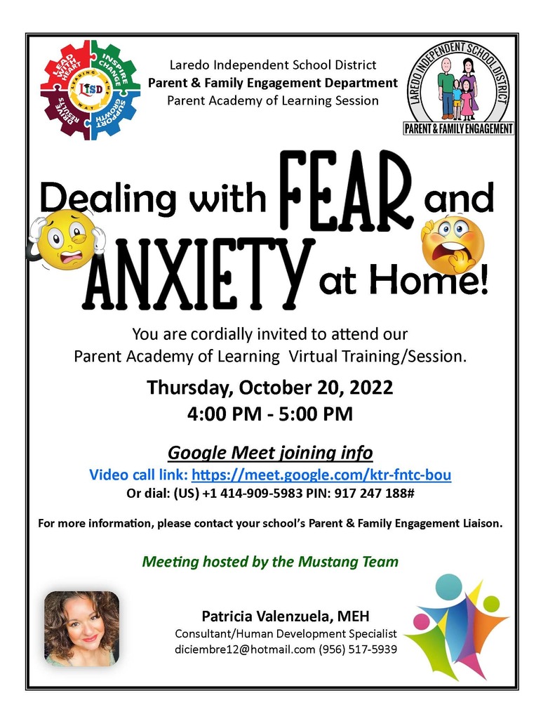 10.20.22 @ 4:00 PM - Dealing with Fear and Anxiety at Home  ​Enclace de Google: https://meet.google.com/ktr-fntc-bou