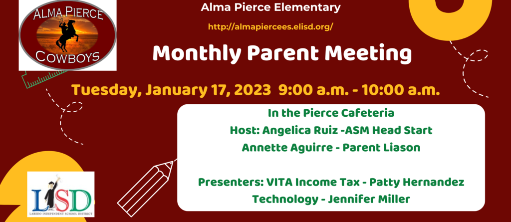 Join us for our monthly parent meeting on Tuesday, January 17, 2023 from 9:00 a.m. to 10:00 a.m.  Presentations: VITA Income Tax and Technology